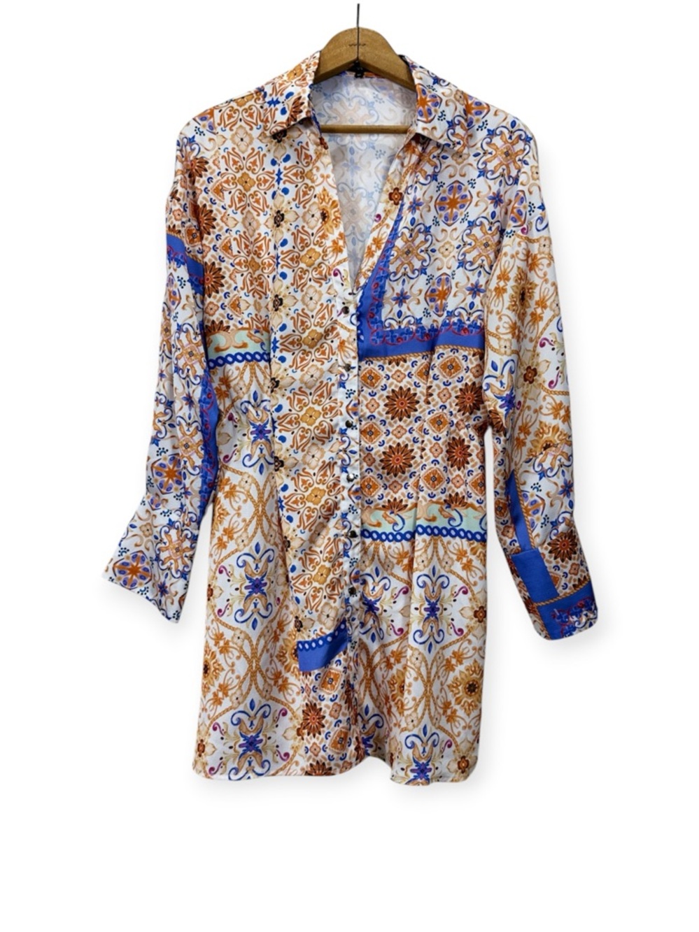 Rêveuse Boho Tile Print Shirt Dress Medium M Blue Orange White Button Front